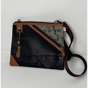 VAAN & CO Small Black/Brown Leather Crossbody Bag Brass Hardware Boho Chic NWOT